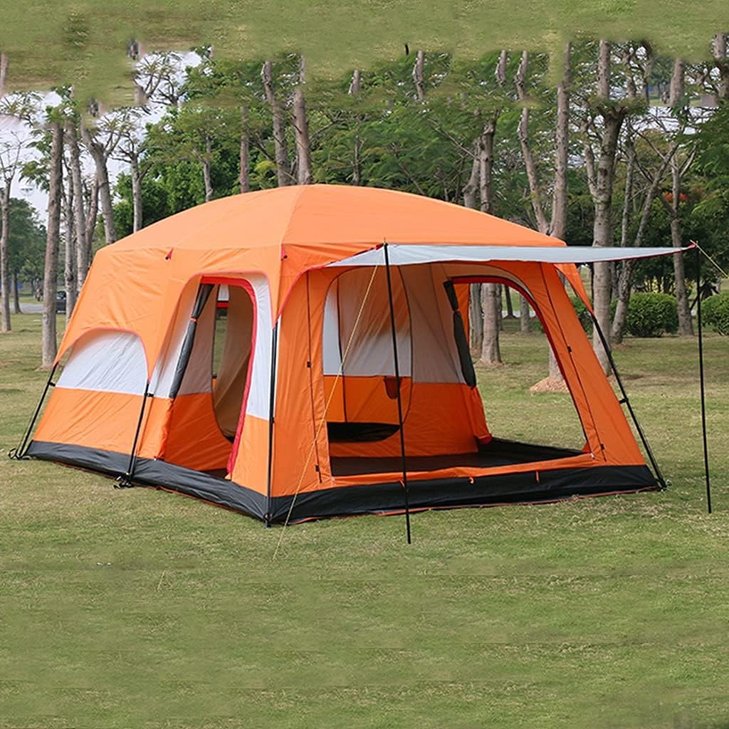 Tienda de campaña familiar naranja con habitaciones y toldo frontal